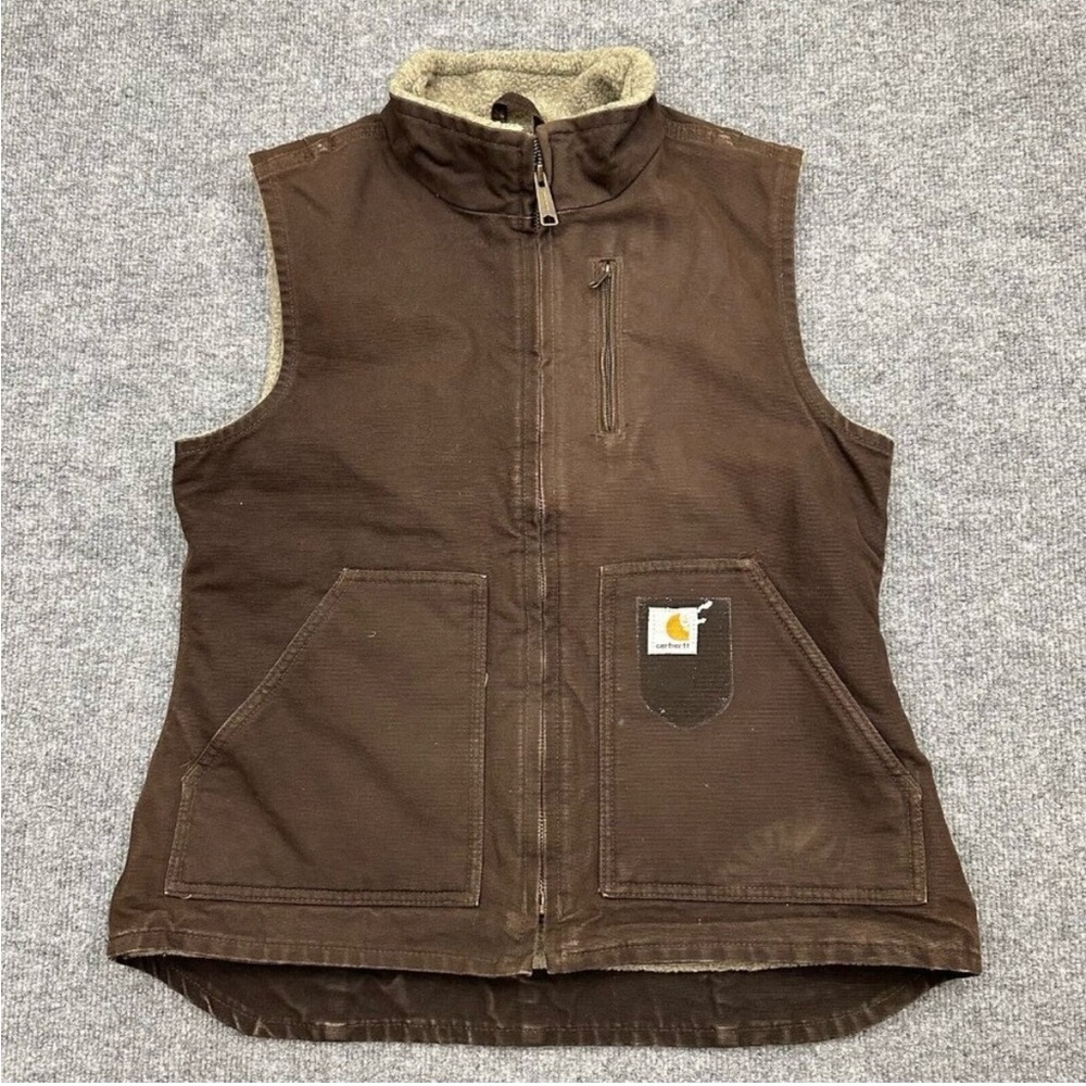 VTG Carhartt WV001 DKB Dark Brown Sherpa Lined Canvas Chore Vest Womens Small